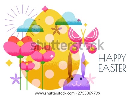 Vector flat geometric illustration with colorful egg, rabbit, bunny, spring blossom pink flowers, butterfly. Easter banner, poster, holiday party decoration, invitation, greeting card design