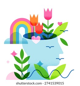 Vector flat geometric illustration. Open human head with flowers, rainbow, leaves and birds. Concept of imagination, positive thinking, mental growth, harmony, mindfulness, freedom and inspiration