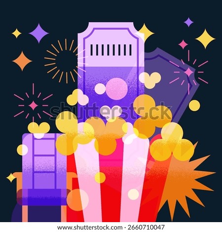 Vector flat geometric illustration with popcorn, cinema ticket, chair, stars, and fireworks. Design elements for movie night posters, film festival ads, entertainment cinema banners