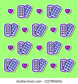 Vector flat geometric pattern of blister packs, pills and hearts