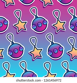 Vector flat geometric pattern of christmas decorations of big balls and yellow stars