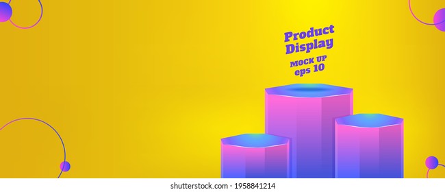 Vector flat geometric product display summer background, purple glow yelow color block studio kiosk.banner with copy space for display of product for advertise online