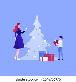 Vector flat gift box christmas holiday people illustration. Female decorate tree and girl with giftbox isolated on white background. Family concept. Design element for banner, poster, web, infographic