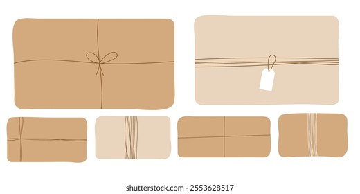 Vector flat gift box design with craft wrapping and white and brown bow isolated on white background.