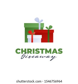 Vector flat gift box giveaway holiday illustration. Stack of giftboxes with copyspace text isolated on white. Design element for banner, poster, web, social media post, advertisment, competition.
