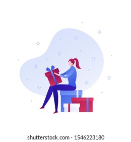 Vector flat gift box holiday people illustration. Woman sitting on pack of giftboxes unwrap present isolated on white background with snow. Design element for banner, poster, web, infographics.