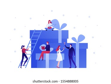 Vector flat gift box holiday people illustration. Business team celebrate sitting on huge gift boxes isolated on white background with snowflakes.  