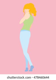 Vector flat ginger girl silhouette illustration over pink background, isolated