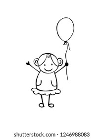 Vector flat girl with balloon in the children's style. Black on white
