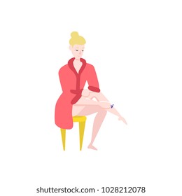 Vector flat girl in bathrobe, towel removing hair from leg with razor epilator sitting at chair. Woman hygiene, health skincare, cosmetics concept. Isolated illustration, white background.