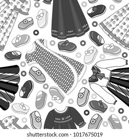 Vector flat girl child kid, female character clothing, clothes seamless pattern. Boots, dress summer monochrome fashion textile. Black and white background illustration.