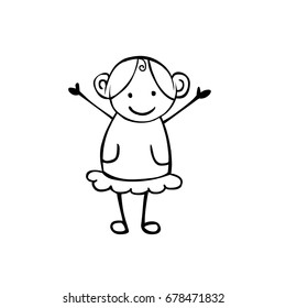 Vector flat girl in the children's style. Black on white