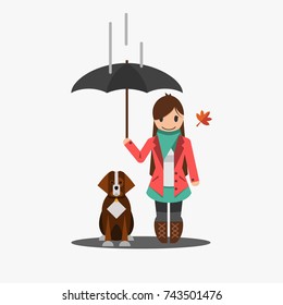 Vector Flat Girl with a dog in the rain with an umbrella autumn