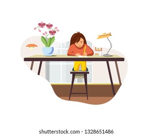 Vector Flat Girl doing Homework Lessons.  