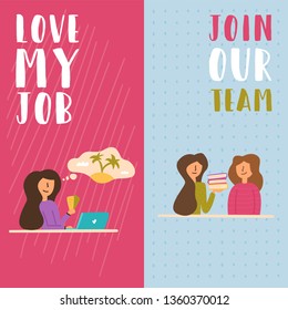 Vector Flat A girl dreams about rest, holding in her hands two plane tickets. Training in the workplace woman holds books on self-education