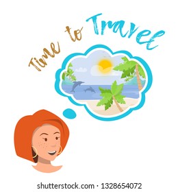 Vector Flat Girl Dreams of Traveling.  