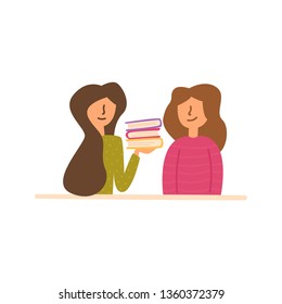 Vector Flat girl employee of the company is holding books 
