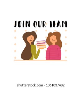 Vector Flat girl employee of the company is holding books on personnel training skills necessary to work vacant place in the company free training. Join our team.