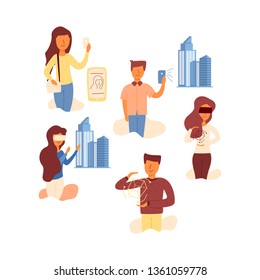 Vector Flat girl holding a smart phone face ID in her hands. A man uses the phone shows the presentation of a hologram of a 3D building of hotel. A woman with glasses in an extra reality of building. - Powered by Shutterstock - Get 15% off with code: PIKWIZARD15