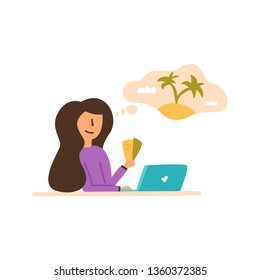 Vector Flat girl holds in hands two plane tickets. Chooses on a laptop in which country to relax and spend working holidays. 