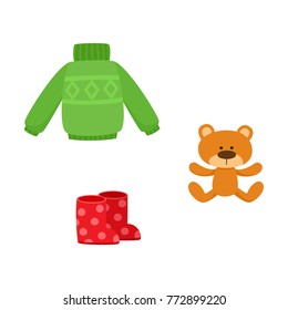 vector flat girl kid child outfit outdoor apparel set - green knitted warm pullover and red dotted rubber boots and bear toy. Isolated illustration on a white background.