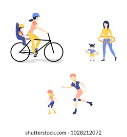Vector flat girl kid daughter and adult woman in athletic clothing doing sports set. Family characters riding two-seater bicycle, rotating hula hoop, roller skating. Isolated background illustration