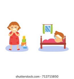 vector flat girl kid doing routine activity set. Child standing near cubics pyramid crying, lying sick with thermometer in mouth suffering from headache. Isolated illustration on a white background.