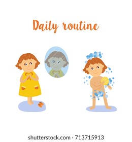 vector flat girl kid doing everyday routine activity set. Child washing by yellow sponge, dressing in jacket and shoes near window. Isolated illustration on a white background.