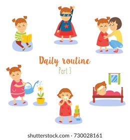 vector flat girl kid doing routine activity set. Child crying, reading watering plant in pot, having fun in hero costume, sleeping, hugging with mother. Isolated illustration on a white background.