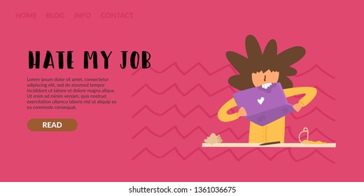 Vector flat girl nervous gnawing teeth with a laptop. Very stressful work, then something does not come out and does not work. Hate my job.