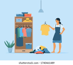 Vector flat girl organize her wardrobe. Clothes hanging inside closet. Pile of useless clothes on floor.
