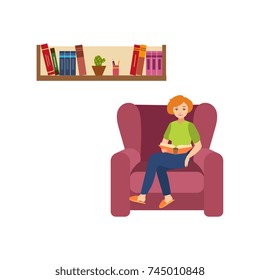 vector flat girl reading book. Beautiful adult woman in casual clothing sitting at armchair holding book at home or library near bookshelf. Isolated illustration, white background