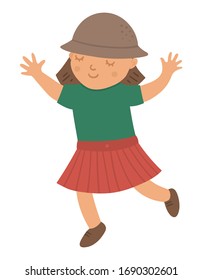 Vector flat girl in Safari hat. Cute tropical, jungle, exotic summer character. Funny kid isolated on white background