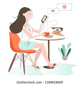 vector flat. the girl is sitting in a cafe. communicates in a social network. houseplants in pots. table and chair, tea in a teapot. simple flat style. student girl is sitting on a chair