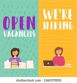 Vector flat girl sitting at the table with a laptop. Vacancy for a workplace. Designer specialists.  