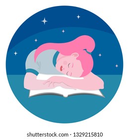 Vector flat Girl sleeping on book, night, stars, beauty girl tired
