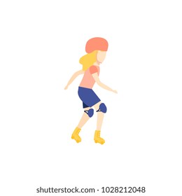 Vector flat girl teen kid, child roller skating in protective equipment, helmet. Active lifestyle female character, having fun doing sport. Isolated illustration, white background.