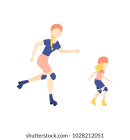 Vector flat girl teen kid, child and adult woman roller skating in protective equipment, helmet. Active lifestyle female character, having fun doing sport. Isolated illustration, white background.