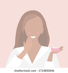 Vector flat girl in white pajama takes care of her skin, everyday morning routine. Illustration at pink background