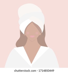 Vector flat girl in white towel and pajama after taking a bath. Simple illustration in cartoon style.