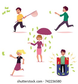 vector flat girl, woman in casual clothing character standing under money rain with umbrella, man with magnet attracting dollars people running for money set. Isolated illustration on white background