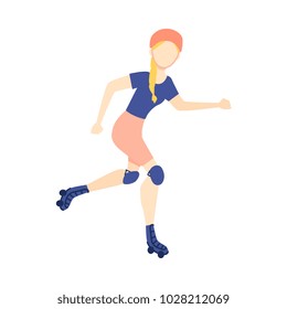 Vector flat girl woman roller skating in protective equipment, helmet. Active lifestyle female character, having fun doing sport. Isolated illustration, white background.