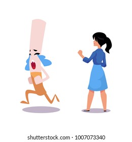 Vector flat girl won in fight with huge evil cigarette monster character with legs and arms running away with tears. Unhealthy nicotine addiction tobacco smoking risk threat concept illustration