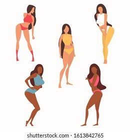 Vector flat girls in swimsuit and sportswear. Cartoon ilustration with female characters standing in various poses. For poster, summer card, season and travel design.