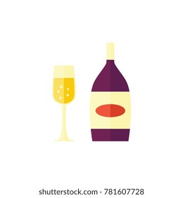 Vector flat glass of champagne and bottle icon. Glass bottle with gold label mockup. Christmas, new year, birthday celebration. Isolated illustration on a white background.