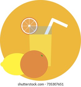 Vector flat glass of orange juice with an orange and a lemon