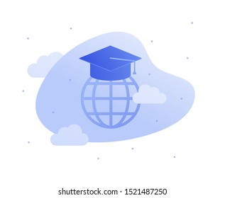 Vector flat global education illustration. Planet icon with magister hat and cloud on blue background. Concept of worldwide access to study. Design element for banner, poster, university infographic