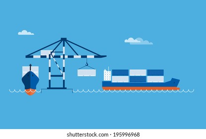 Vector flat global transportation concept illustration. Cargo ships in harbor.