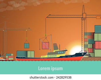 Vector Flat Global Transportation Concept Illustration. Cargo Ships In Harbor Loading Tower Crane Eps 10