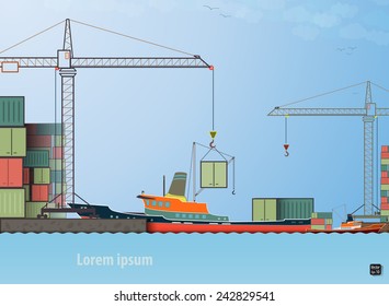 Vector Flat Global Transportation Concept Illustration. Cargo Ships In Harbor Loading Tower Crane Eps 10